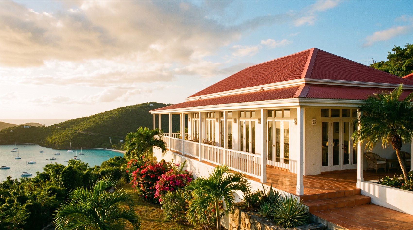 A Virgin Islands villa at golden hour, its long veranda lined with tall windows and sliding doors above a turquoise bay.