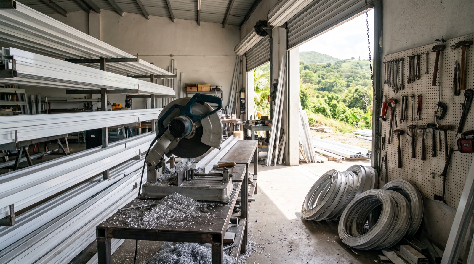 Inside a small aluminium fabrication workshop: white extrusions racked along the wall, a chop saw on a steel bench, coiled shutter slat, and the roller door open to a green hillside.